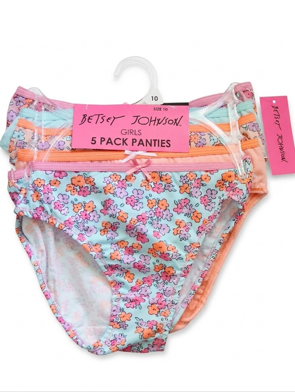 Betsey Johnson Girls Floral 5-Pack Panties - Pink, Orange, Aqua Size 10 New